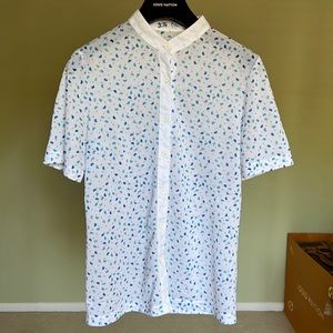 Vintage japanese button down shirt. White with blue and pink print. Mint.